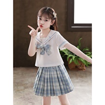 JK uniform female summer childrens two-piece Thai school uniform net red summer suit girls  skirt college style DK grid skirt