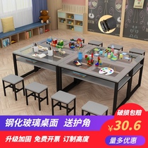 Glass art table painting table trusteeship class kindergarten studio table and chair double layer training table student calligraphy handmade table