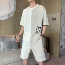 Personality fashion pure cotton pajamas men summer thin teenage student handsome casual loose homewear set tide