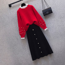 Plus Size 2021 Winter New Year Sweater Skirt Set Female Small Fried Street Skinny Skirt Two Piece Set
