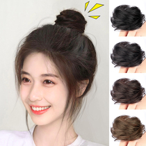 Meatball head wig female Hairband real hair Hanfu ancient style fluffy cute plate hair lazy hair accessories summer flower bud wig bag