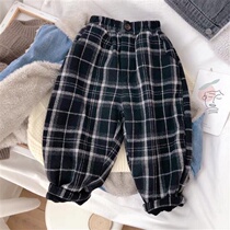 Boy plus velvet padded pants 2021 New Baby Baby autumn and winter wear trousers foreign style loose lattice pants tide