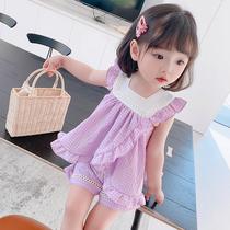 Girls  foreign style plaid lace suit 2021 childrens summer new Korean version of the female baby vest shorts two-piece set