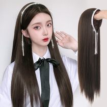 Wig Female long hair Rhinestone tassel hair hoop wig Natural simulation human hair net red long straight hair wig half headgear