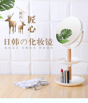 Nordic ins double-sided rotating enlarged desktop mirror Log double-layer with tray can store jewelry cosmetics mirror