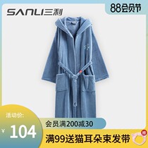Sanli embroidered bathrobe womens winter plus velvet thickened long mens towel pure cotton absorbent quick-drying couple hotel nightgown