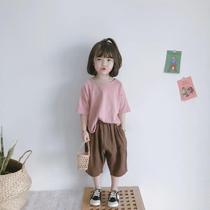 21 Summer Korean version of Mori series for men and women Children Baby suit breathable cotton and linen radish pants plus knitted top suit