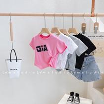 European and American wind childrens clothing 2023 summer new girl irregularly wrinkled letters small high waist T - shirt tide