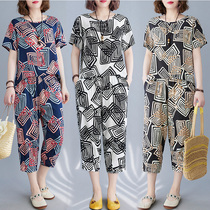 Mom pajamas for the elderly women summer cotton silk short-sleeved pants suit large size loose artificial cotton wear home clothes outside