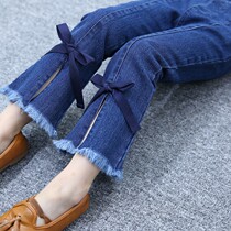 Autumn jeans girls 2022 new childrens wear pants middle-aged children fringed spring and autumn flared pants bows