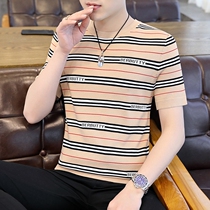  Summer mens tide brand short-sleeved ice hemp t-shirt Korean slim-fit simple ice stripe control half-sleeve thin T-shirt top