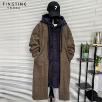 Winter thick lamb velvet long trench coat mens 2021 new color color fake two hooded over-the-knee hairy coat