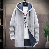 Long Knitted Cardigan Men plus velvet padded jacket Autumn and winter loose size hooded casual jacket windbreaker