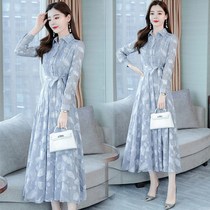 Chiffon long sleeve dress women 2021 new spring and autumn wear waist thin temperament fashion foreign style Age long skirt
