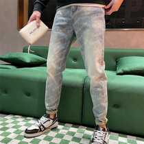 High-end European goods 2022 spring and summer printed youth boomers washed with small leggings jeans mens manicure small straight cylinder long pants