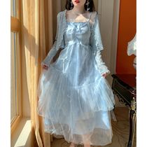 2021 summer super fairy forest long skirt holiday bow ribbon smudged suspender dress