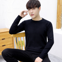 Autumn and winter sweater mens round neck Korean fashion slim knitted base shirt thin pure black woolen sweater mens