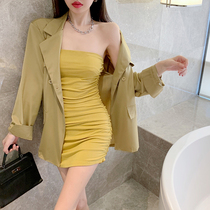 Royal sister fried street temperament thin suit suit womens early autumn high-end cold wind bandeau fanny pack hip dress