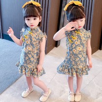 2021 new summer girls net red floral dress little girl costume cheongsam baby chiffon skirt hanfu