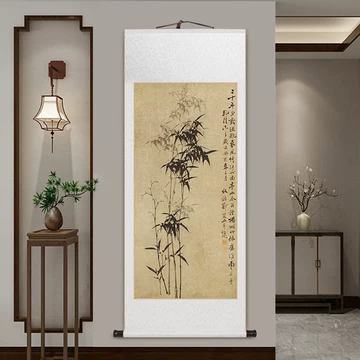 証書付】鄭板橋 竹子図 中堂掛軸 仿藍光仕上げ 絹本大幅 中国書画 美術