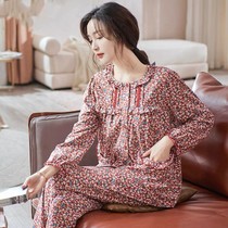 100% cotton long sleeve pajamas womens cardigan Korean version of large size mother home clothes can be worn outside cotton set autumn and winter