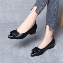 Autumn 2021 new leather shallow mouth low heel single shoes womens pointed small leather shoes wild thick heel soft leather work shoes