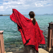 Red shawl womens summer wear sunscreen with skirt Tibet tourism printed cloak ethnic wind thickened scarf
