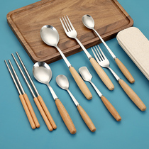 Simple ins cylindrical wooden handle chopsticks knife and fork spoon tableware set stainless steel retro tableware dessert spoon full set