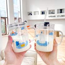 Transparent Printed Polar Bear Straw Water Glass High Boron Silicon Handle Glass Cup Cartoon Office Milk Breakfast Cup