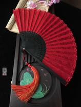 Chinese ancient wind fan big red black lace lady Guochao Han clothes wind mens folding fan dance fan bow