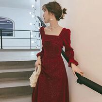 2021 Spring New socialite toast bridal red long sleeve temperament small man dress dress flat wear