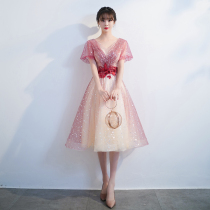 Starry evening dress skirt femininity short short red summer student bridesmaid toast dress performance host party