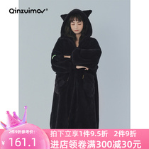 Kiss cat dressing gown autumn and winter long coral velvet pajamas loose size casual can wear home clothes bathrobe