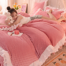 37 degree constant temperature warm four-piece milk velvet winter coral velvet bed podium girl princess style quilt cover with lace