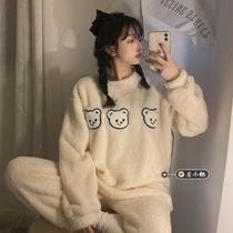 Flannel bear home suit suit pajamas women autumn and winter New sweet plush thick long sleeve outside wear two-piece set