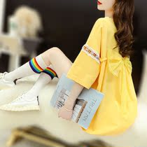 Korean version loose long and short sleeves back bow design T-shirt womens new summer Yangqi net red fried street T-shirt skirt