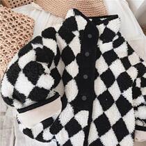 Childrens baby plus velvet thickened lamb wool coat Korean version 21 boys and girls autumn and winter foreign air diamond grid jacket