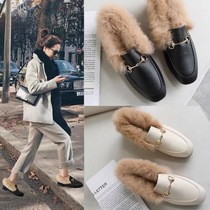 Mao Mao shoes female rabbit fur 2021 new autumn and winter loafers Joker women's shoes winter wear velvet bean shoes
