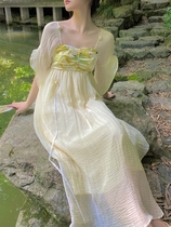 Chinese style Yuli improved Hanfu daily dress female summer French court light yellow small fresh midi skirt