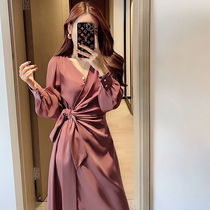  New autumn 2021 new lantern sleeve long-sleeved autumn side lace-up acetate dress female simple high-waisted skirt
