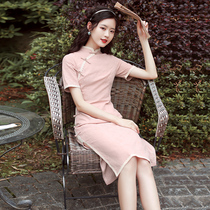 Pink cheongsam 2021 new young girl summer modified dress everyday French small man waist