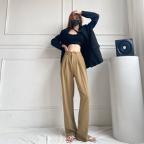  Lengthened khaki suit pants womens summer thin section high hanging high waist folds loose ultra-long white wide-leg pants