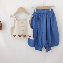 Girls summer suit 2021 summer new childrens camisole female baby Western style wide leg pants two-piece set tide