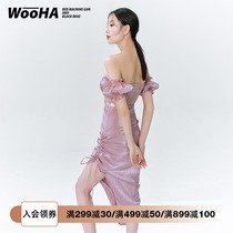 WooHa wuha 2021 summer new purple long skirt waist slim-fitting fairy one-line collar chiffon dress female