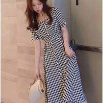 2021 summer plaid dress female Korean version of the long waist dress commuter style long dress plaid skirt new
