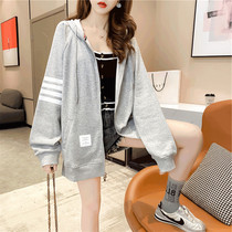 Pregnant womens sweater spring and autumn clothes tide mother fashion four bar cardigan hooded zipper top long loose coat