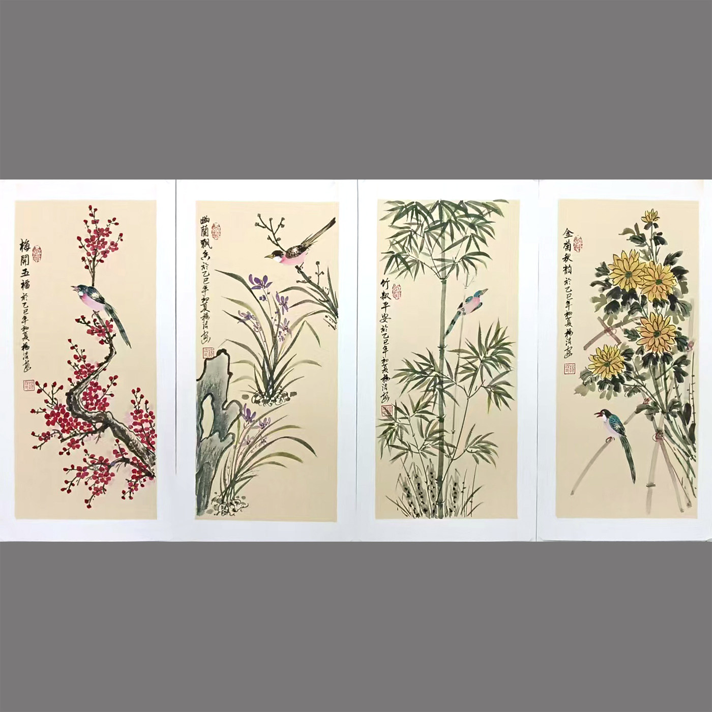 中国古美術★純手描き四条屏・梅兰竹菊画芯★国画・鄭板橋印款・肉筆・宣紙・带水印 梅兰竹菊四条屏纯手绘画芯-梅兰竹菊四条屏纯手绘画芯促销价格、梅兰竹