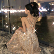 Luxury sequins birthday party party party party evening dress socialite sexy backless Super fairy Medium-length dress sling dress summer