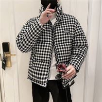 Winter 2021 new houndstooth cotton-padded jacket men's tide brand collar cotton-padded warm short cotton-padded jacket coat