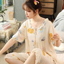 Cotton silk pajamas womens summer suit short-sleeved cute sweet loose pullover thin summer cotton home clothes women